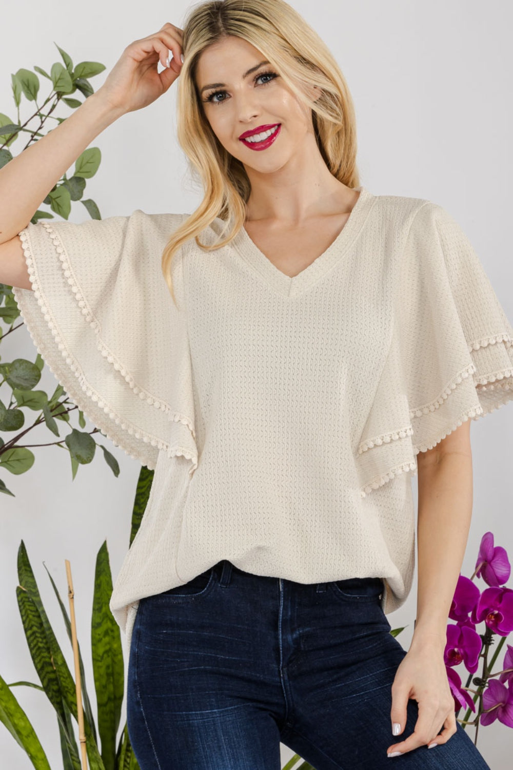 Full Size V-Neck Lace Trim Flutter Sleeve Top | Top - CHANELIA