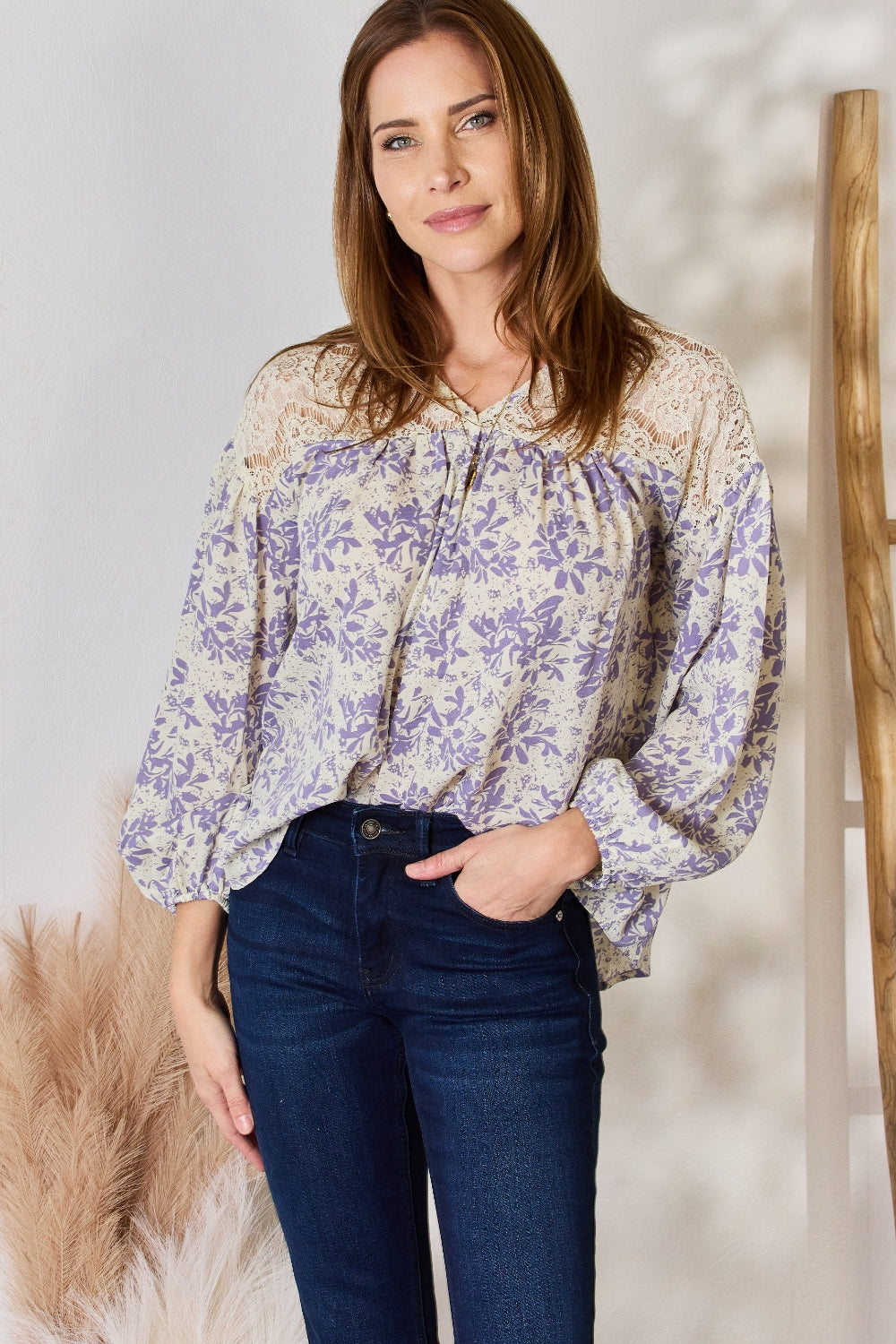 Full Size Lace Detail Printed Blouse | Blouse - CHANELIA