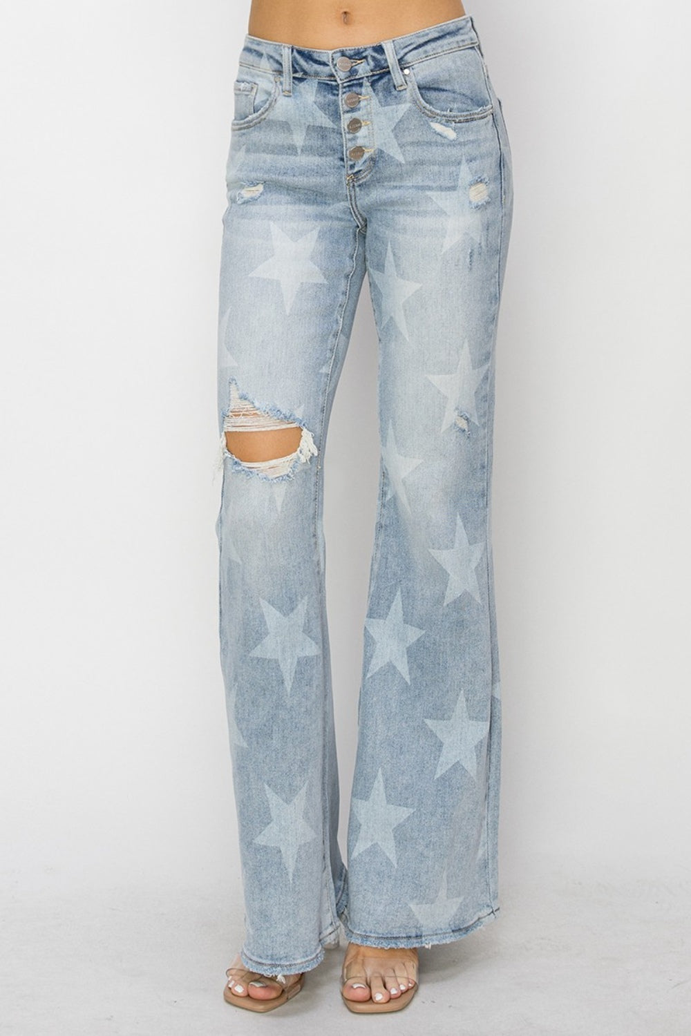 Mid Rise Button Fly Start Print Flare Jeans | Jeans - CHANELIA