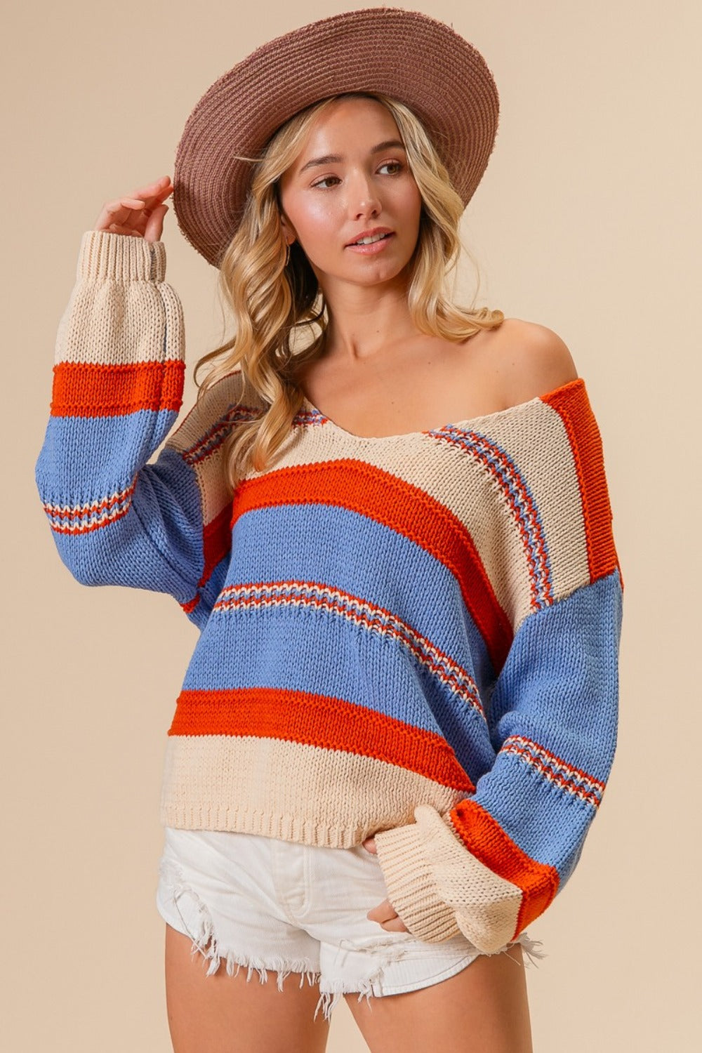 ColorPop Scoop Neck Sweater with vibrant stripes, front view