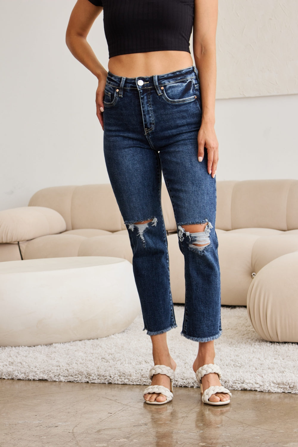 Crop Dylan: Tummy Control Distressed High Waist Raw Hem Jeans | Jeans - CHANELIA