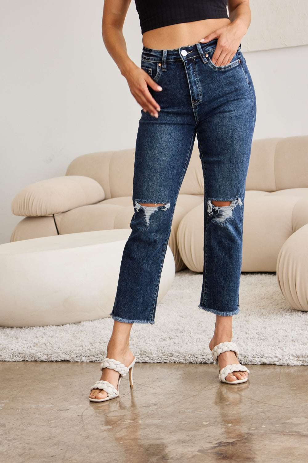 Crop Dylan: Tummy Control Distressed High Waist Raw Hem Jeans | Jeans - CHANELIA