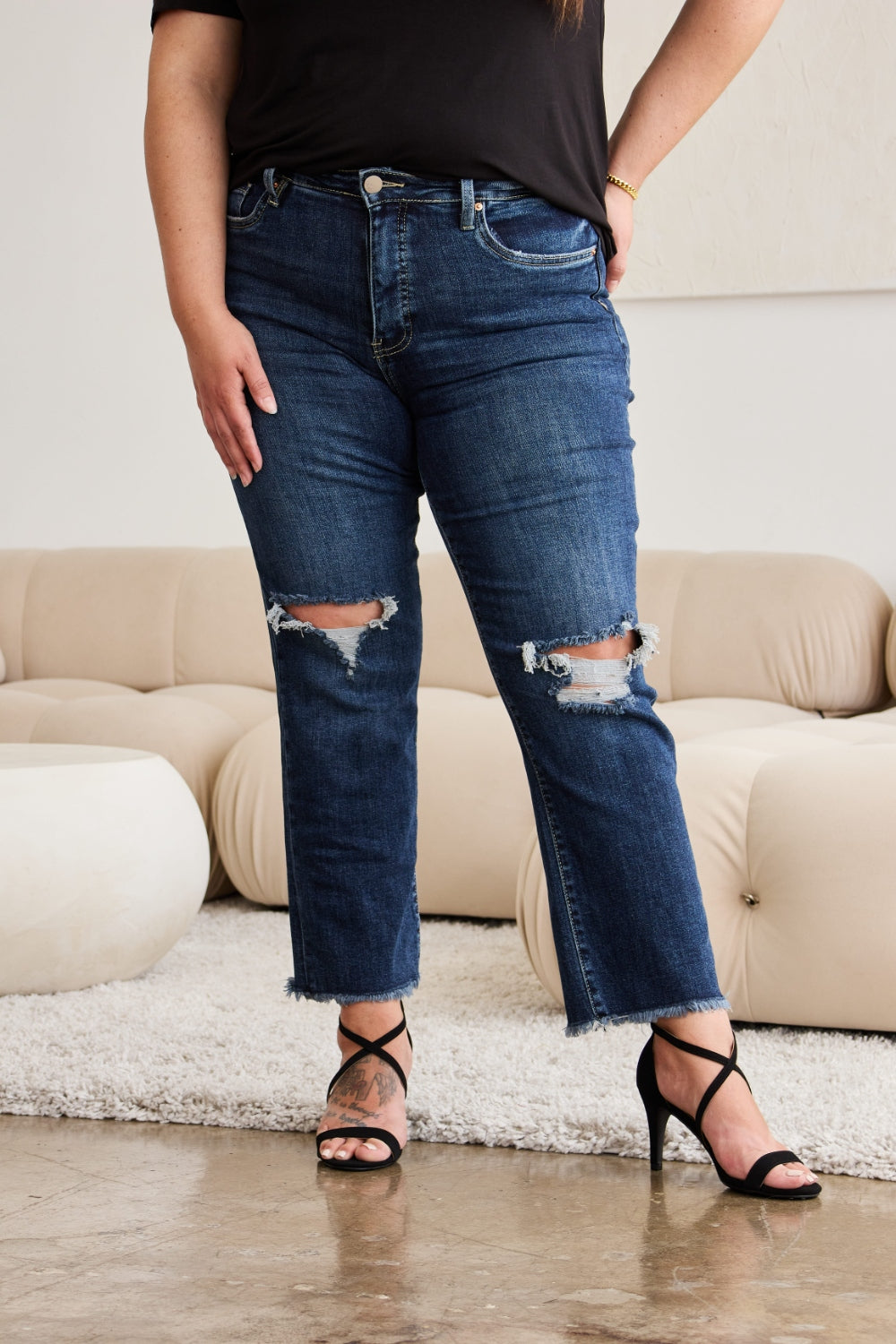 Crop Dylan: Tummy Control Distressed High Waist Raw Hem Jeans | Jeans - CHANELIA