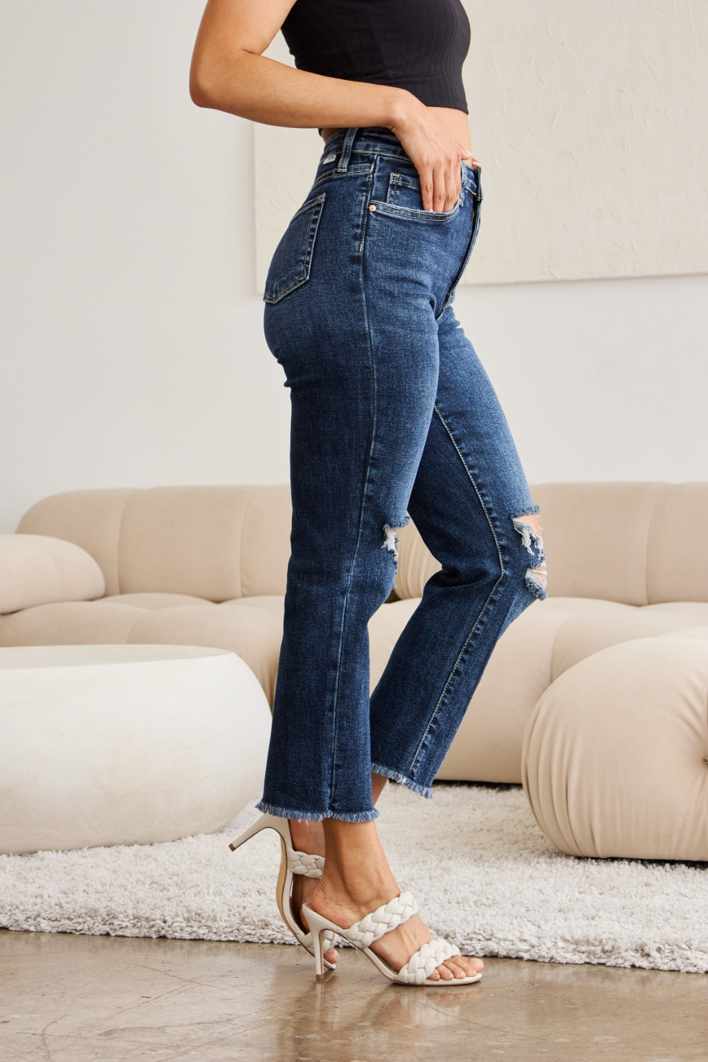 Crop Dylan: Tummy Control Distressed High Waist Raw Hem Jeans | Jeans - CHANELIA