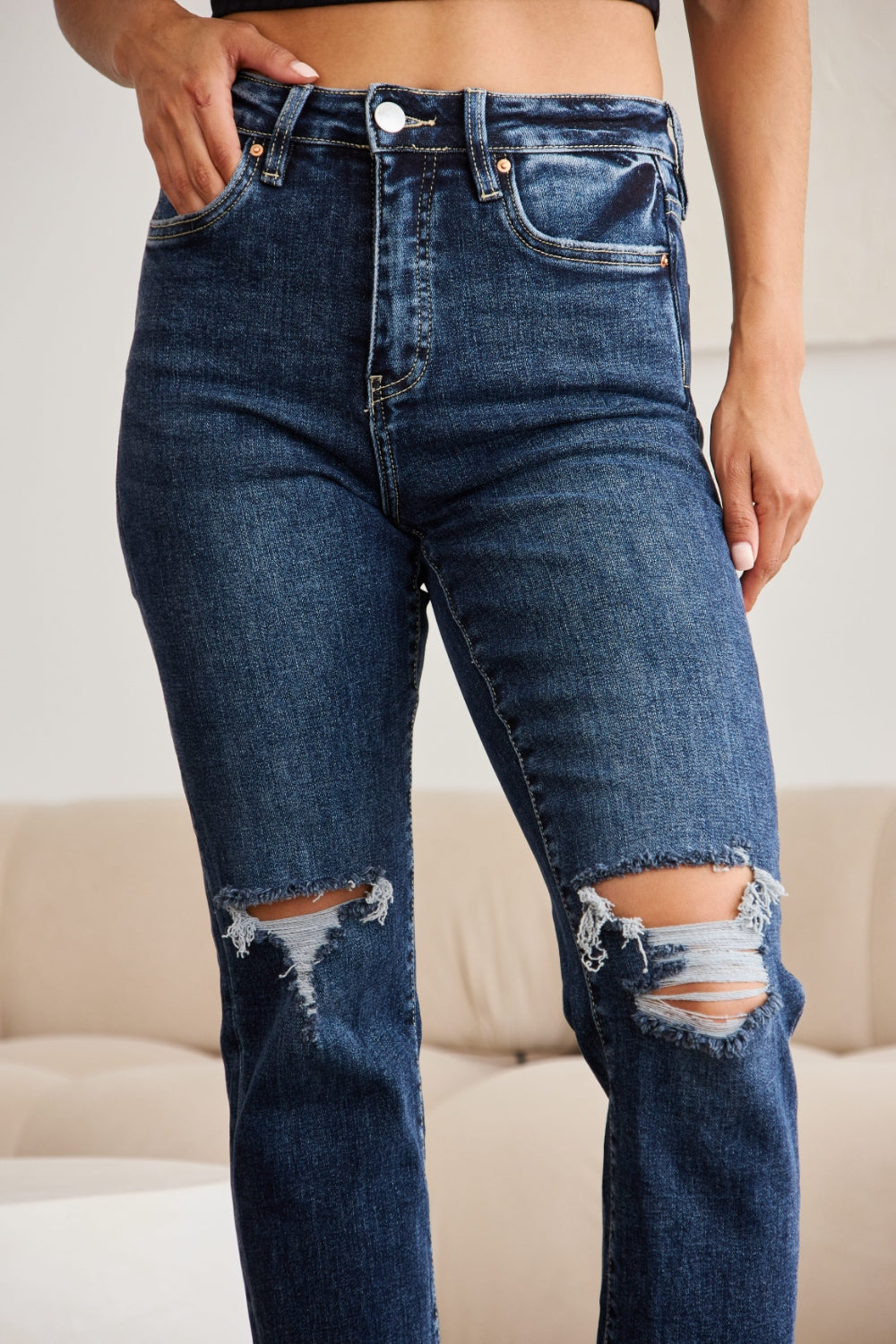 Crop Dylan: Tummy Control Distressed High Waist Raw Hem Jeans | Jeans - CHANELIA