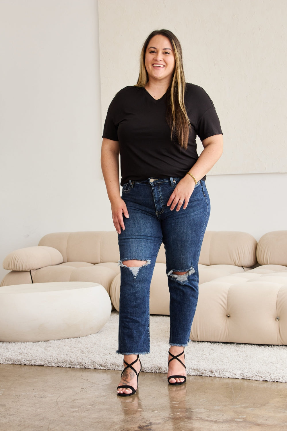 Crop Dylan: Tummy Control Distressed High Waist Raw Hem Jeans | Jeans - CHANELIA