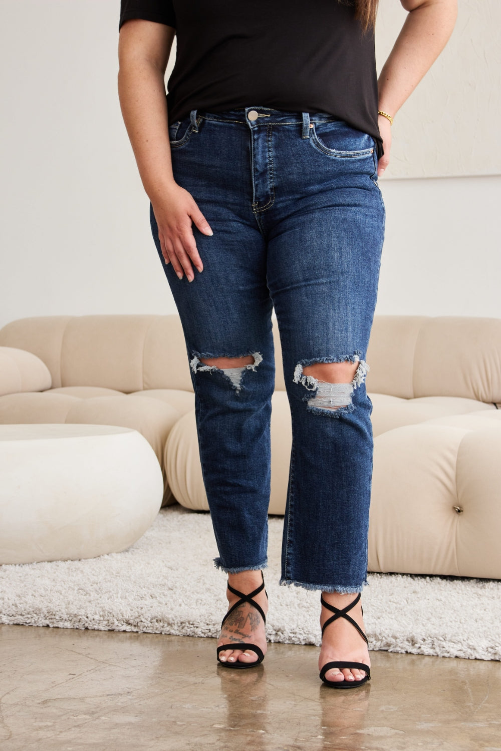 Crop Dylan: Tummy Control Distressed High Waist Raw Hem Jeans | Jeans - CHANELIA