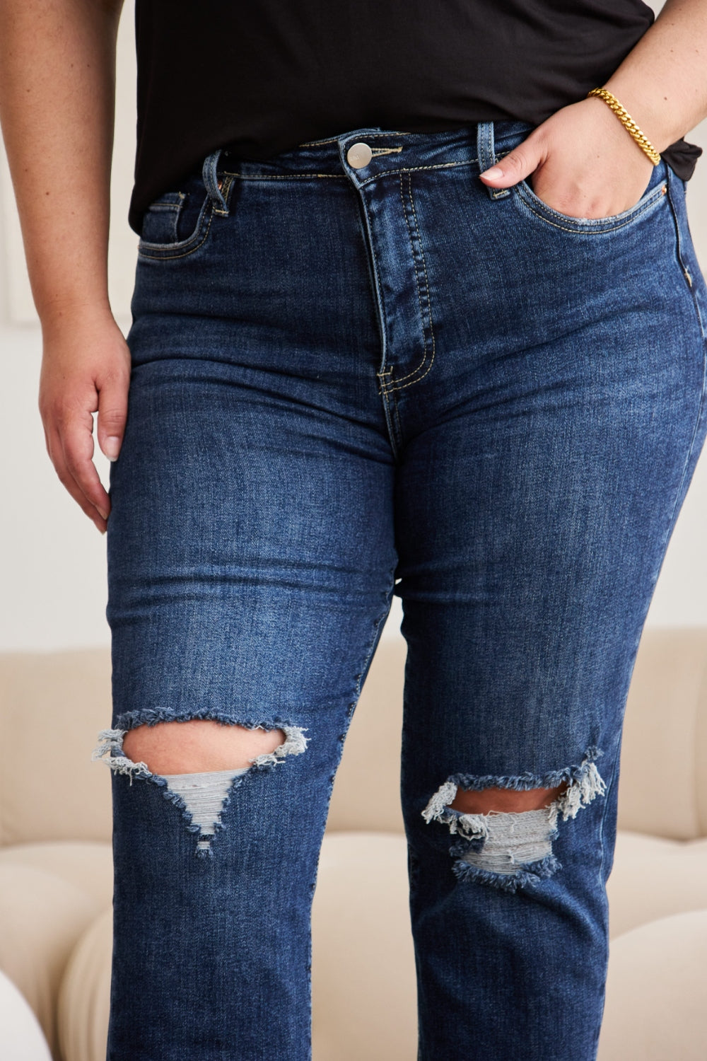 Crop Dylan: Tummy Control Distressed High Waist Raw Hem Jeans | Jeans - CHANELIA