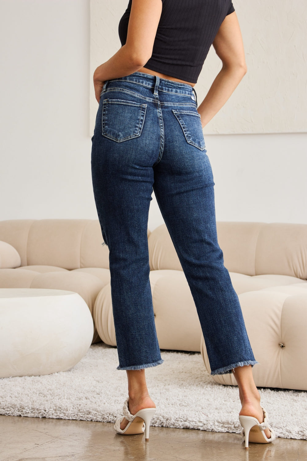 Crop Dylan: Tummy Control Distressed High Waist Raw Hem Jeans | Jeans - CHANELIA