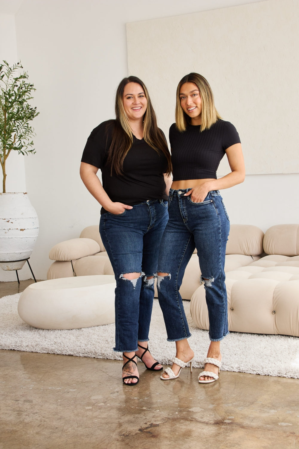 Crop Dylan: Tummy Control Distressed High Waist Raw Hem Jeans | Jeans - CHANELIA
