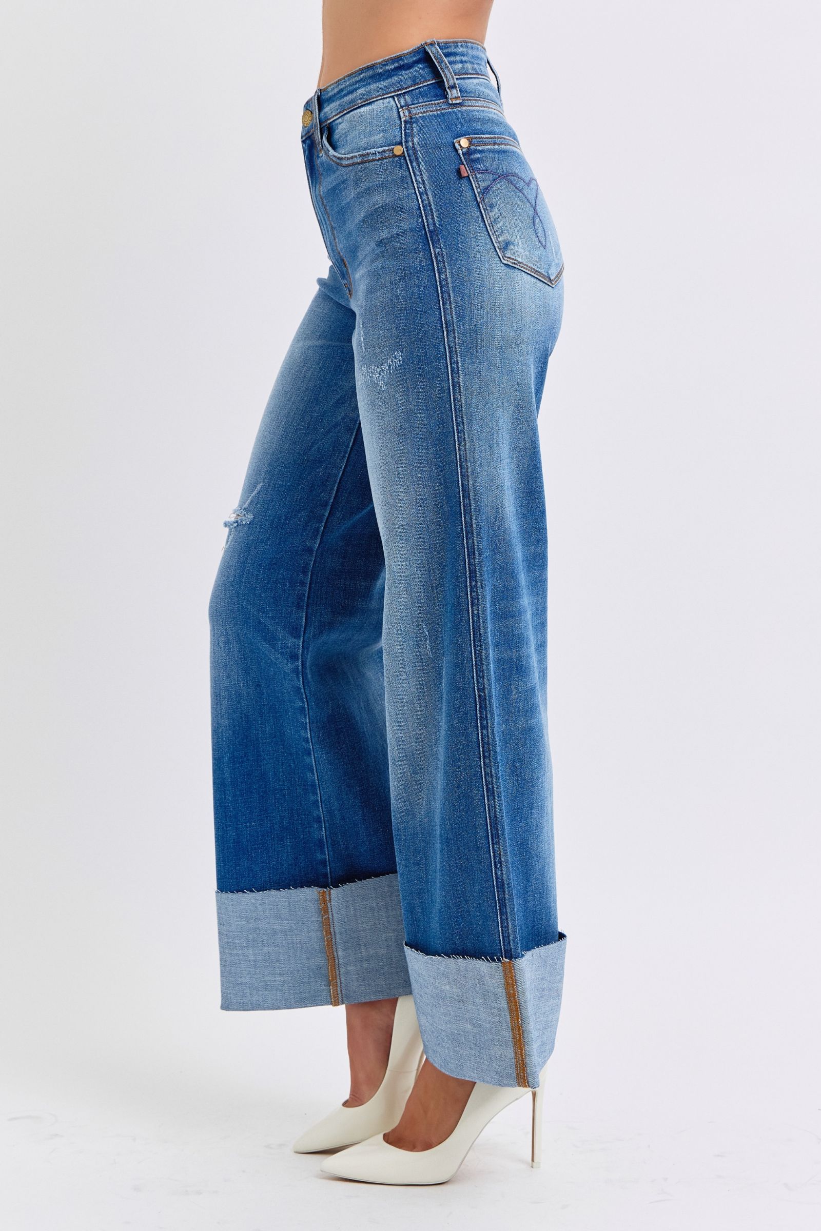 Angled view of Elysian Distressed Wide-Leg Denim jeans