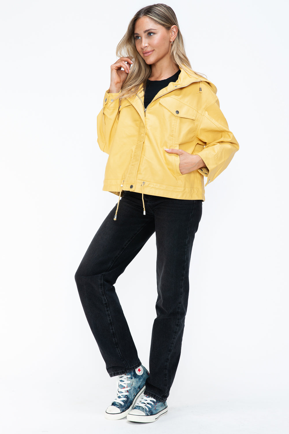 Full body view with Empress of Elegance yellow jacket