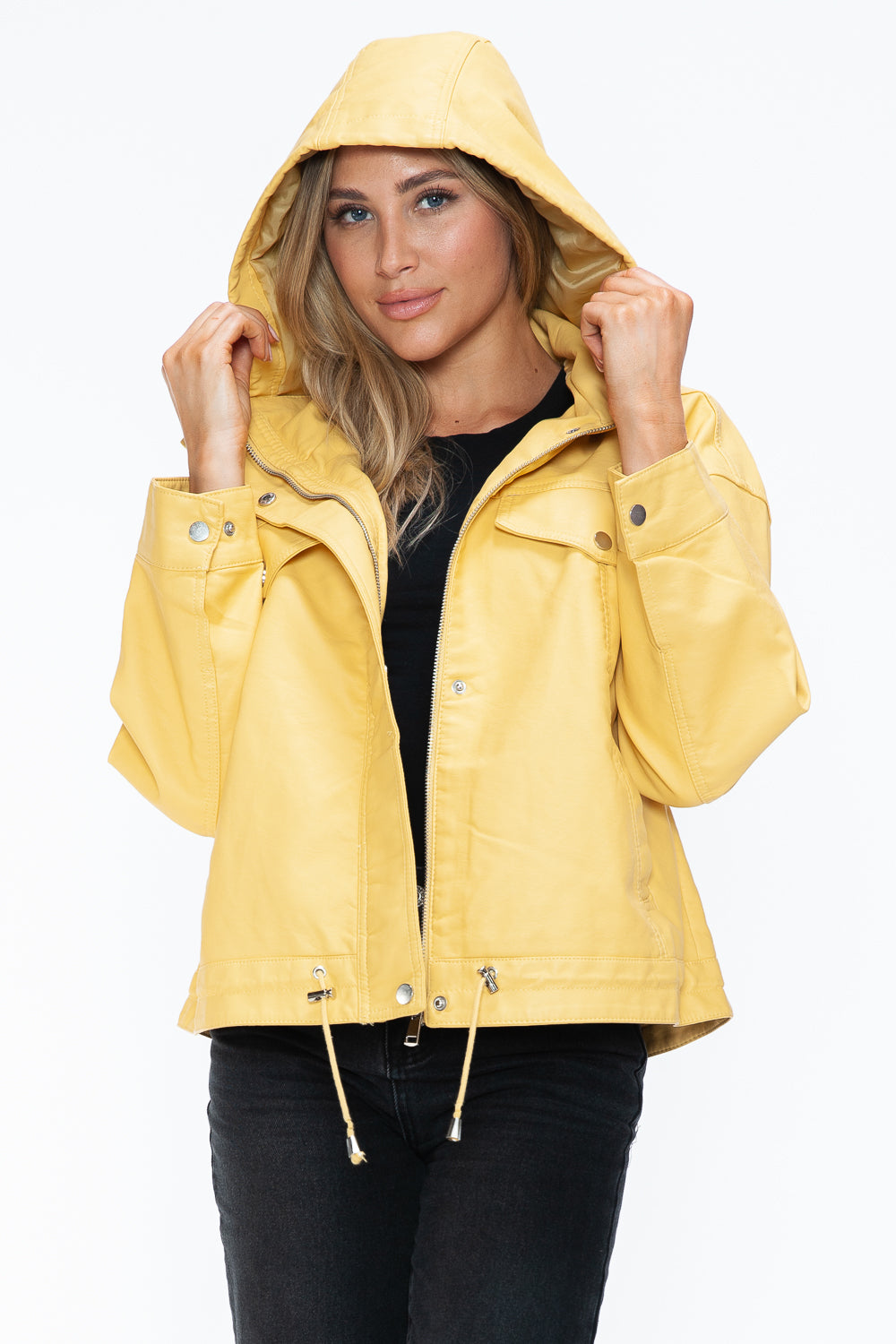 Hooded view of Empress of Elegance yellow jacket