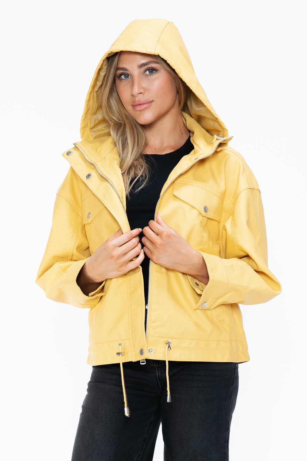 Hooded view of Empress of Elegance yellow jacket