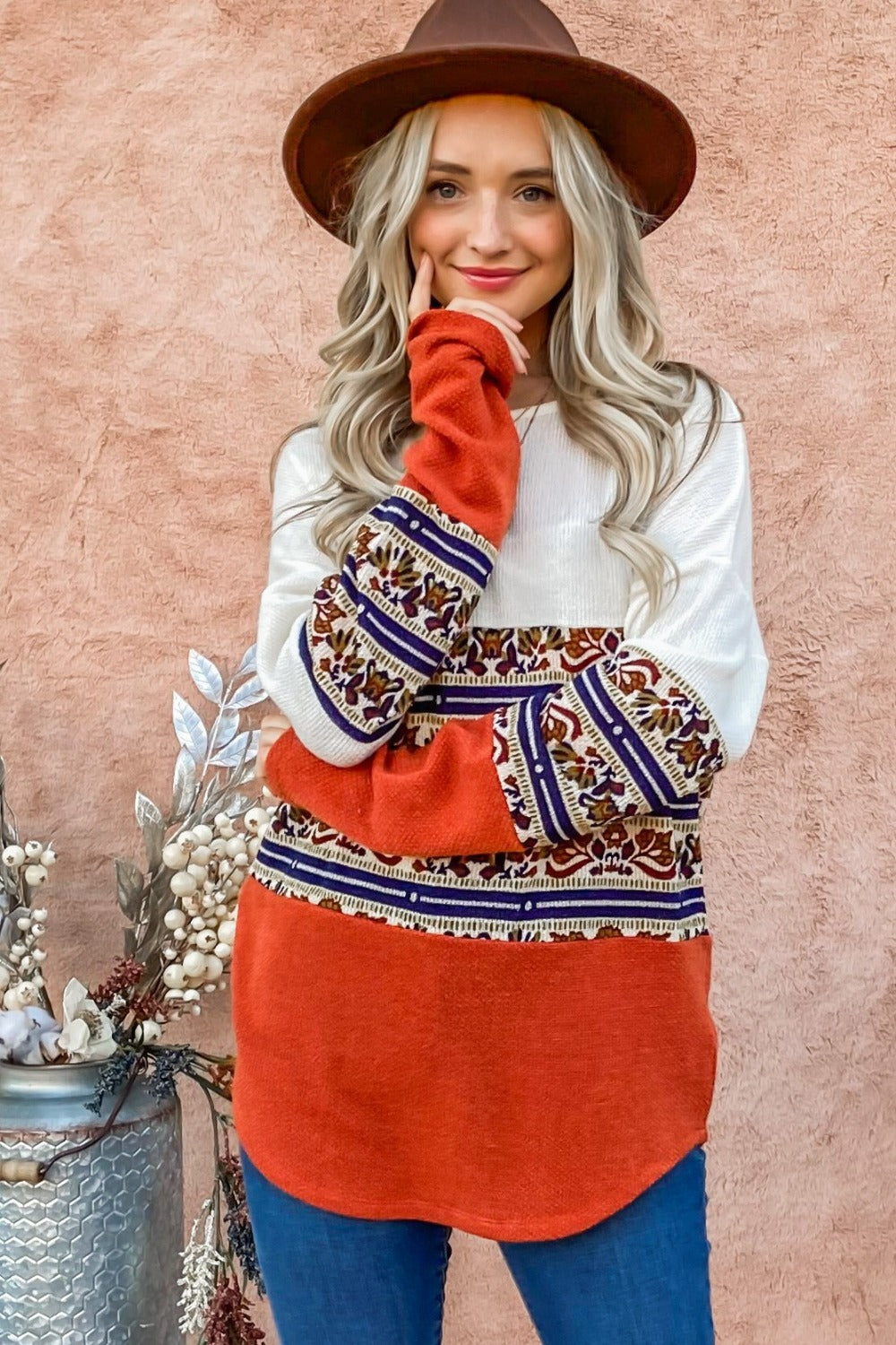 Front view of Ethnic Print Color Block Top