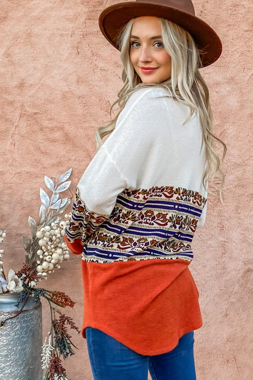 Back view of Ethnic Print Color Block Top
