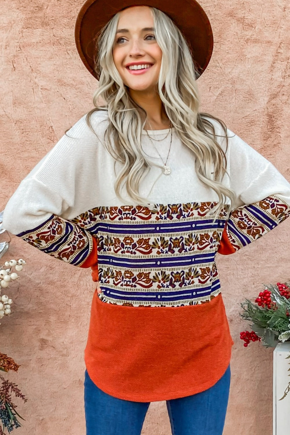 Model wearing Ethnic Print Color Block Top