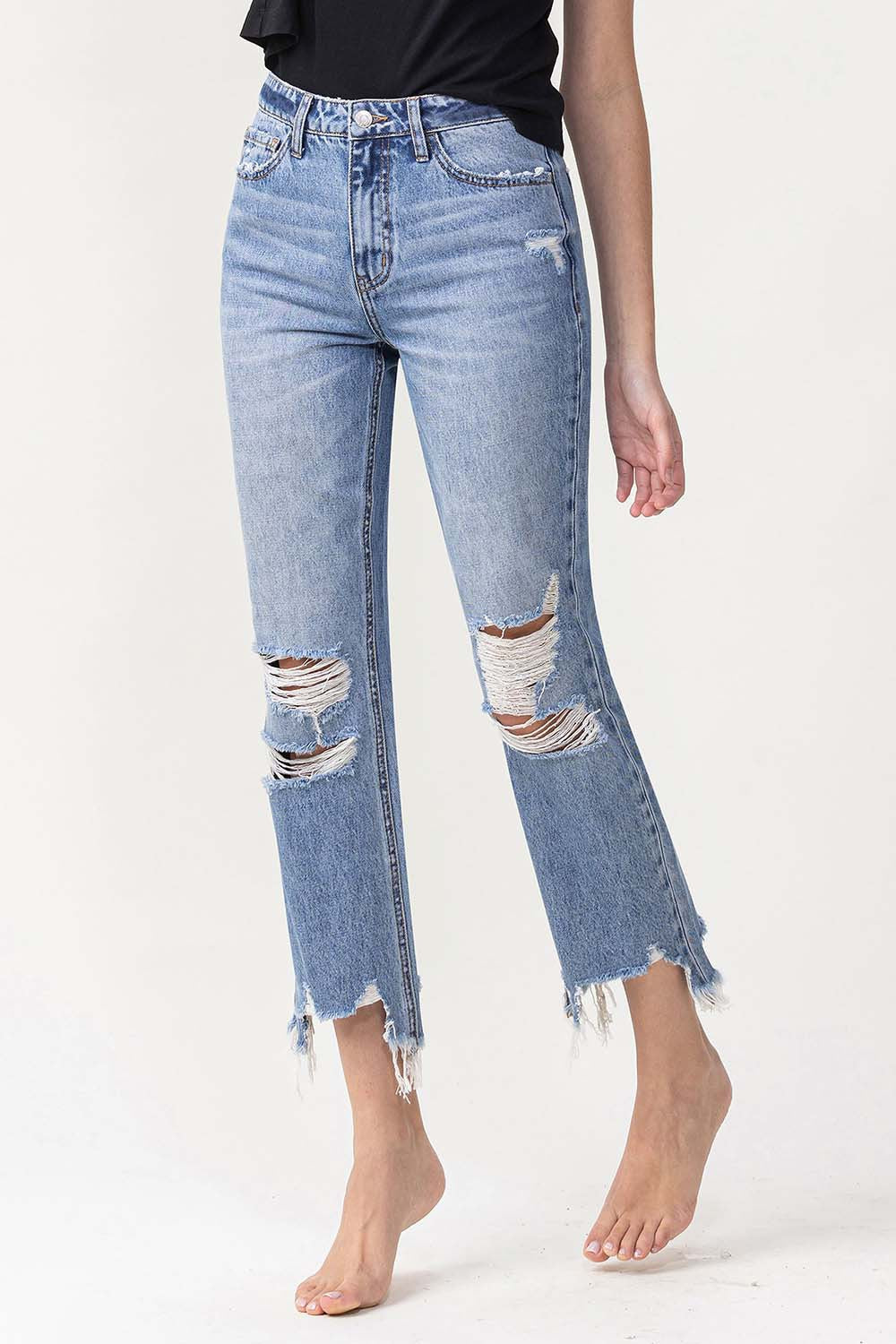 High Rise Distressed Straight Jeans | Jeans - CHANELIA