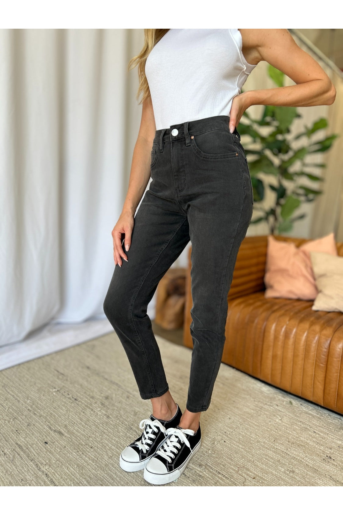 High rise tummy control skinny jeans front view