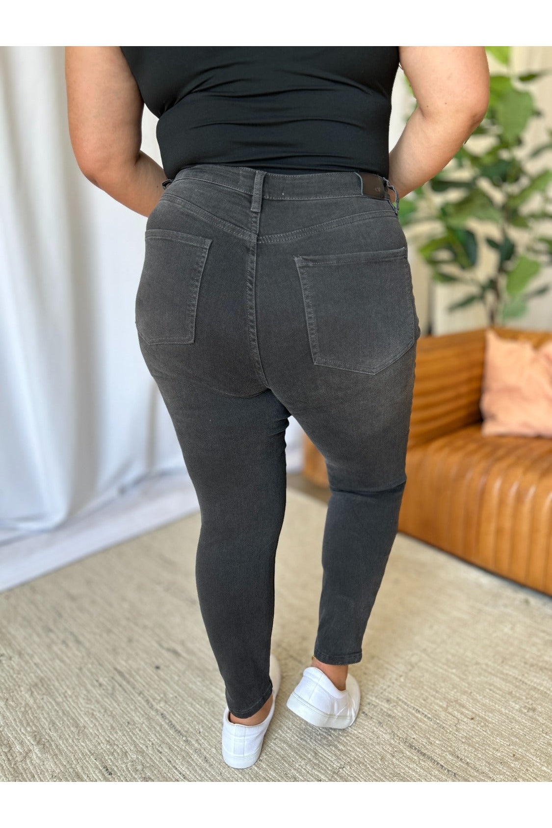 High rise tummy control skinny jeans back view plus size