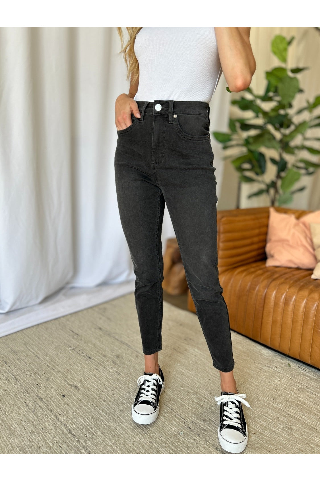 High rise tummy control skinny jeans front view