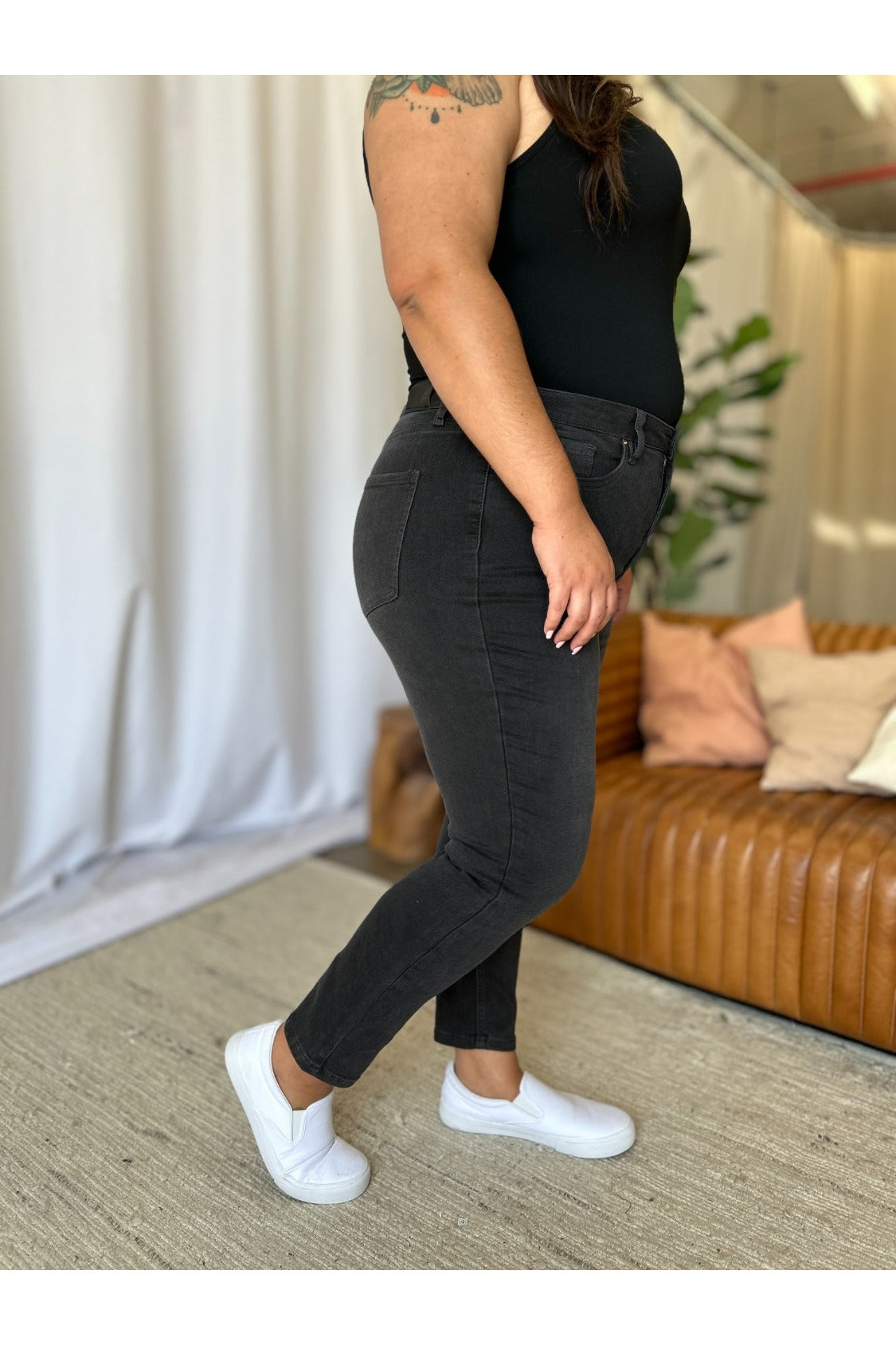 High rise tummy control skinny jeans side view plus size