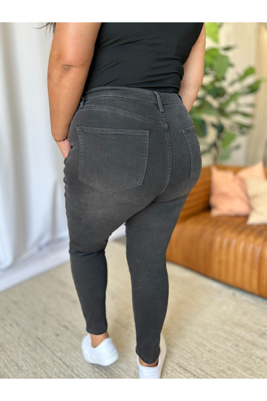 High rise tummy control skinny jeans back view plus size