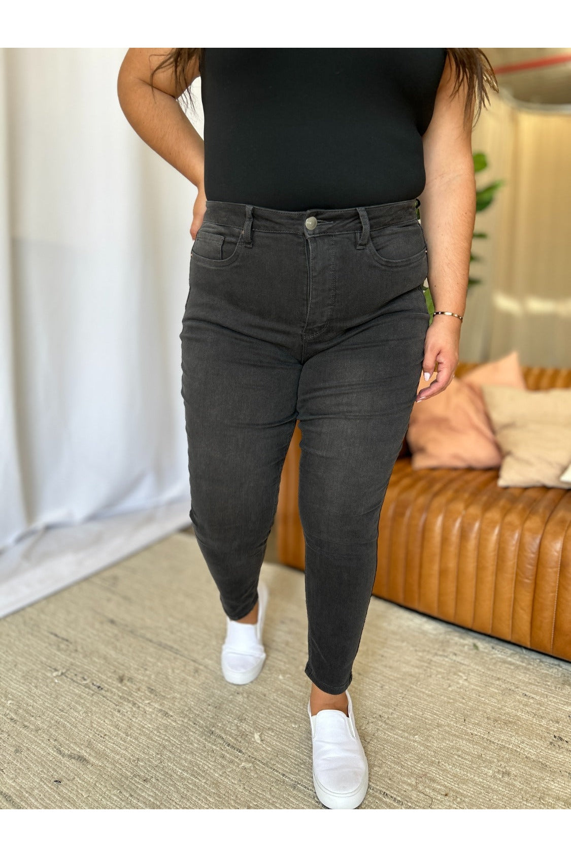 High rise tummy control skinny jeans front view plus size