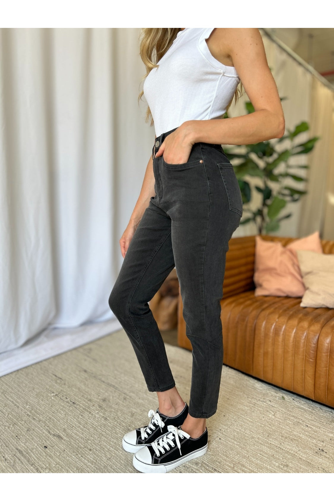 High rise tummy control skinny jeans side view