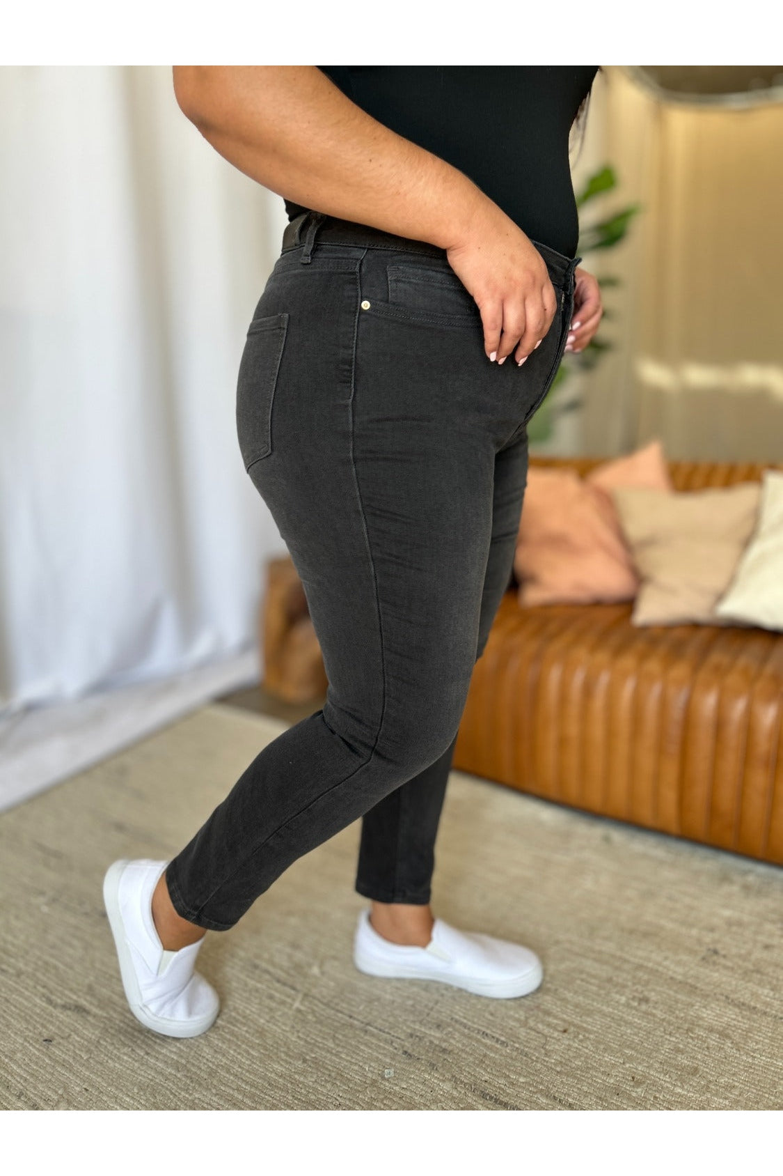 High rise tummy control skinny jeans side view plus size