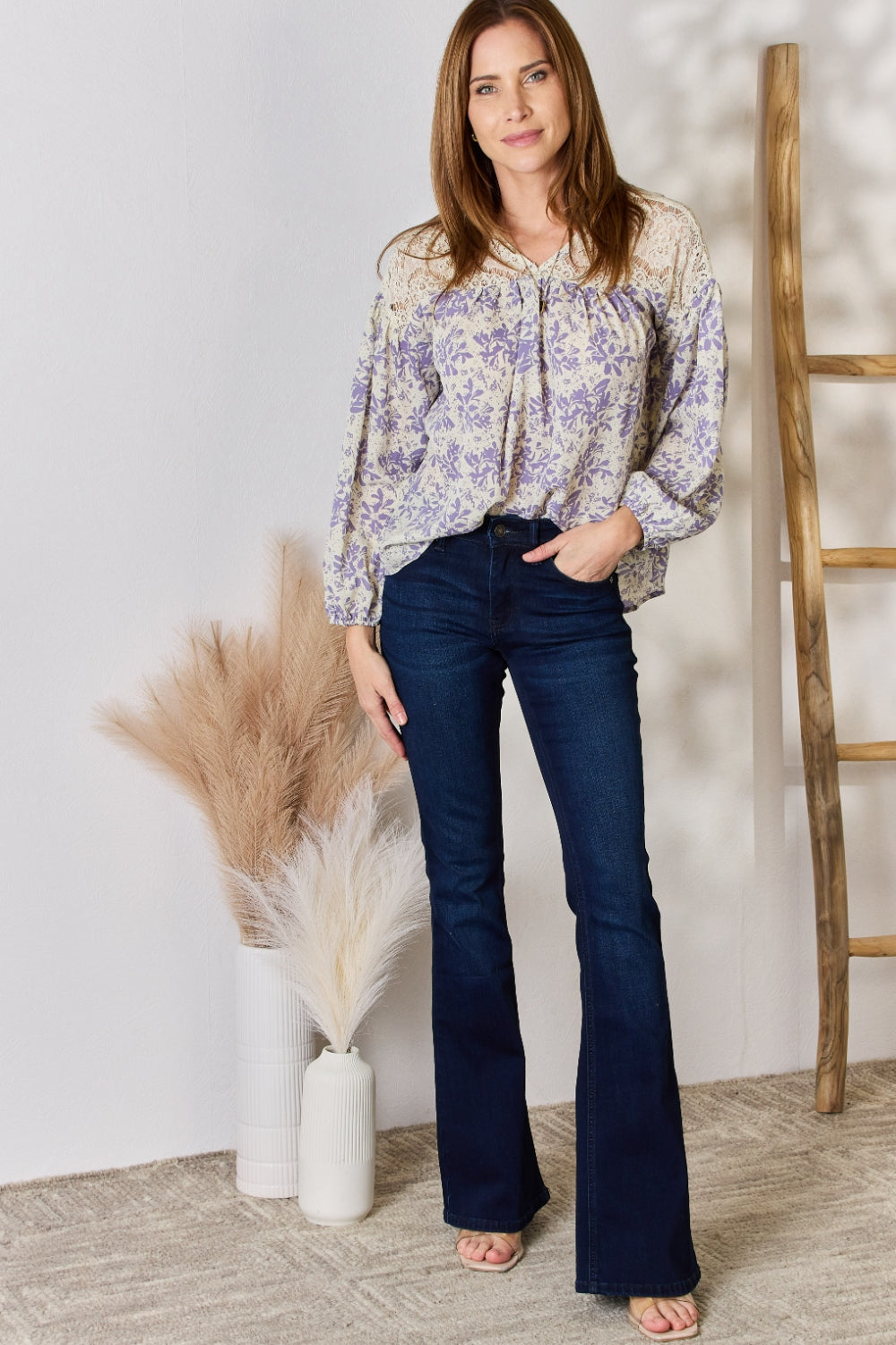 Full Size Lace Detail Printed Blouse | Blouse - CHANELIA