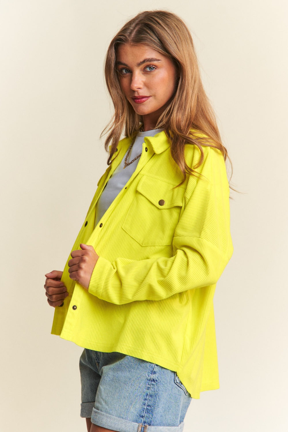 Limonette Glow Shacket in chartreuse, side view.