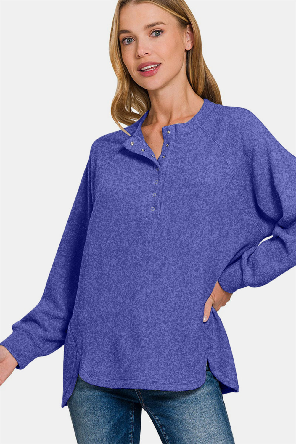 Purple Melange Brushed Aura Sweater with 7-button placket