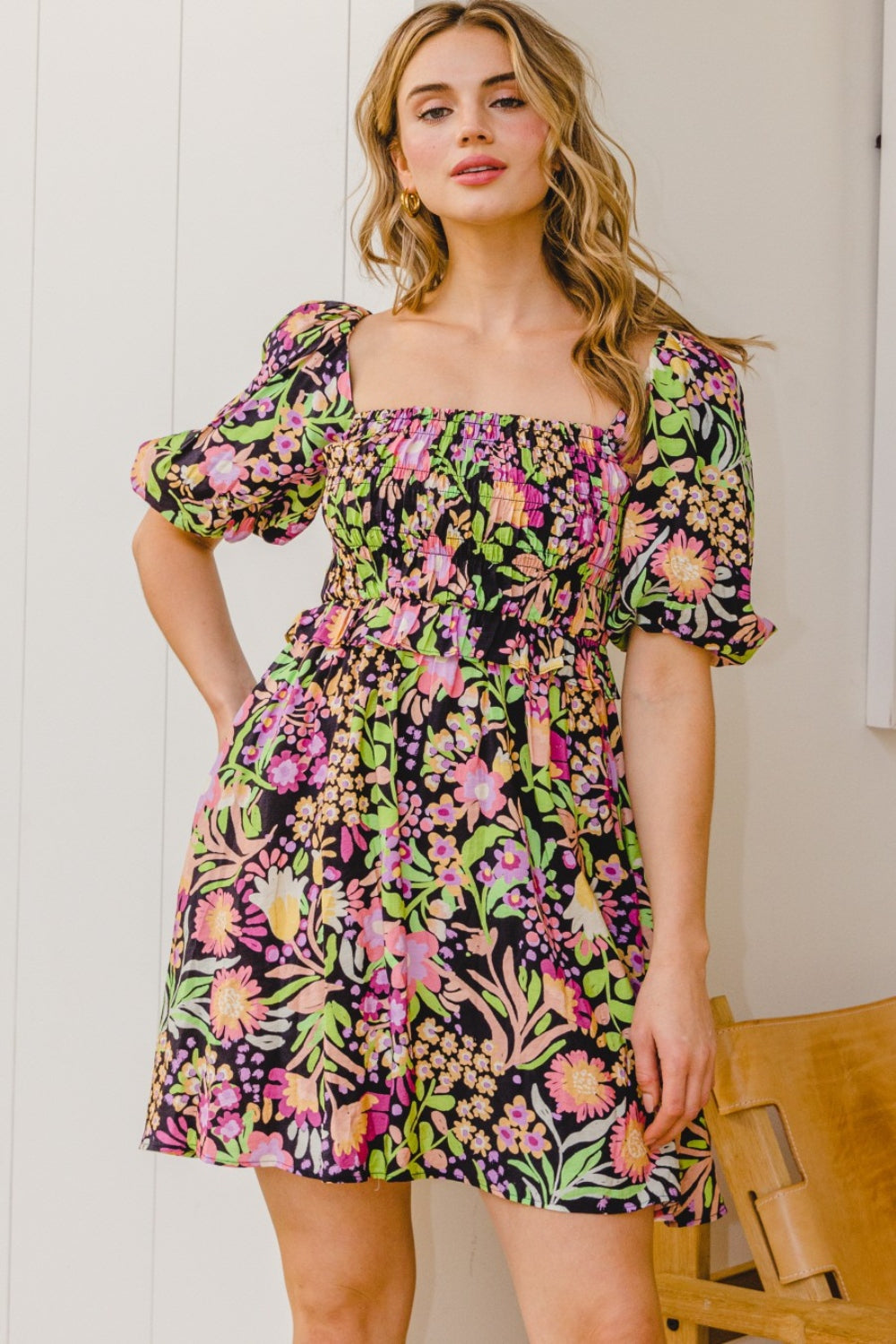 ODDI Full Size Floral Tie-Back Mini Dress | Dress - CHANELIA
