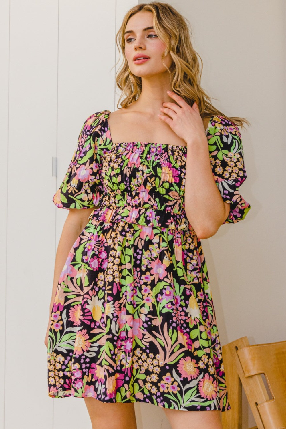 ODDI Full Size Floral Tie-Back Mini Dress | Dress - CHANELIA
