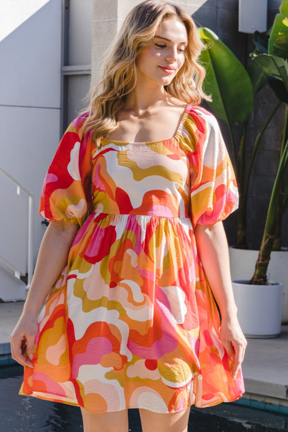 Full Size Printed Tied Back Short Sleeve Mini Dress | Dress - CHANELIA