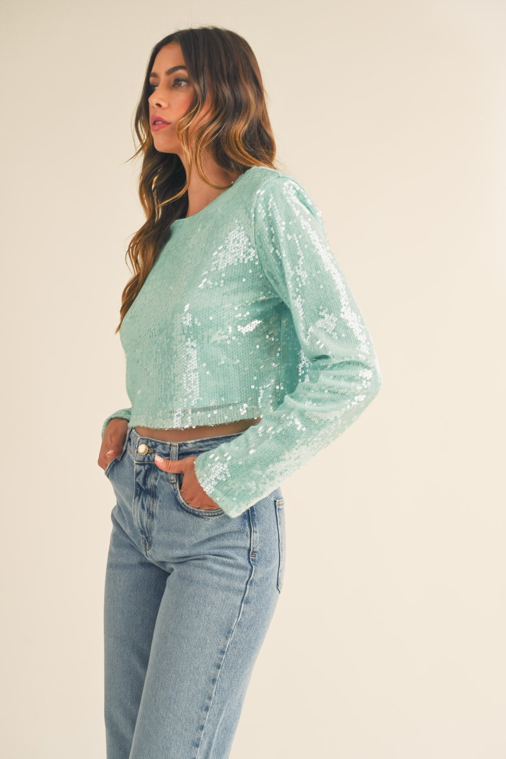 Green shoulder padded sequin crop top, side view