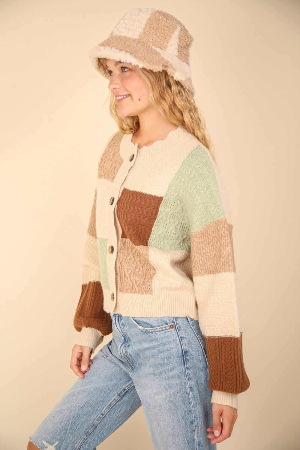 Side view of Vibrant Harmony Cardigan with colorful patches
