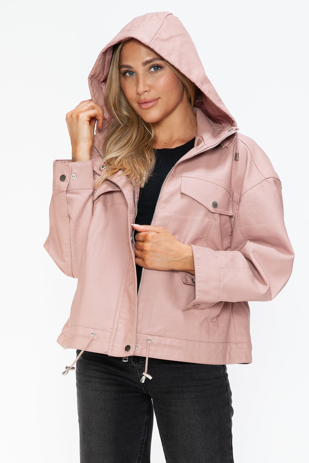 Pink Urban Luxe Statement Jacket, hooded front view