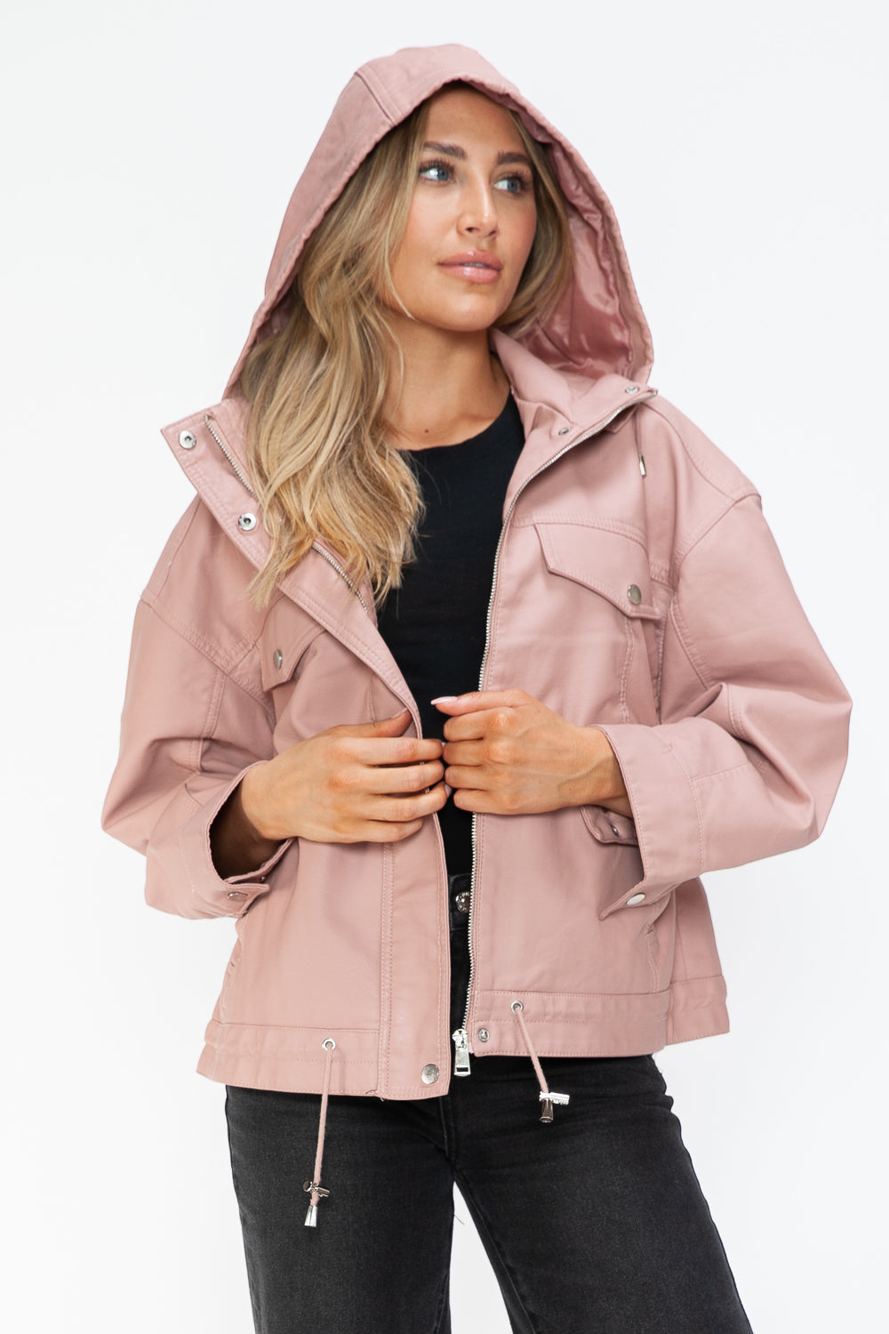 Pink Urban Luxe Statement Jacket, hooded side view