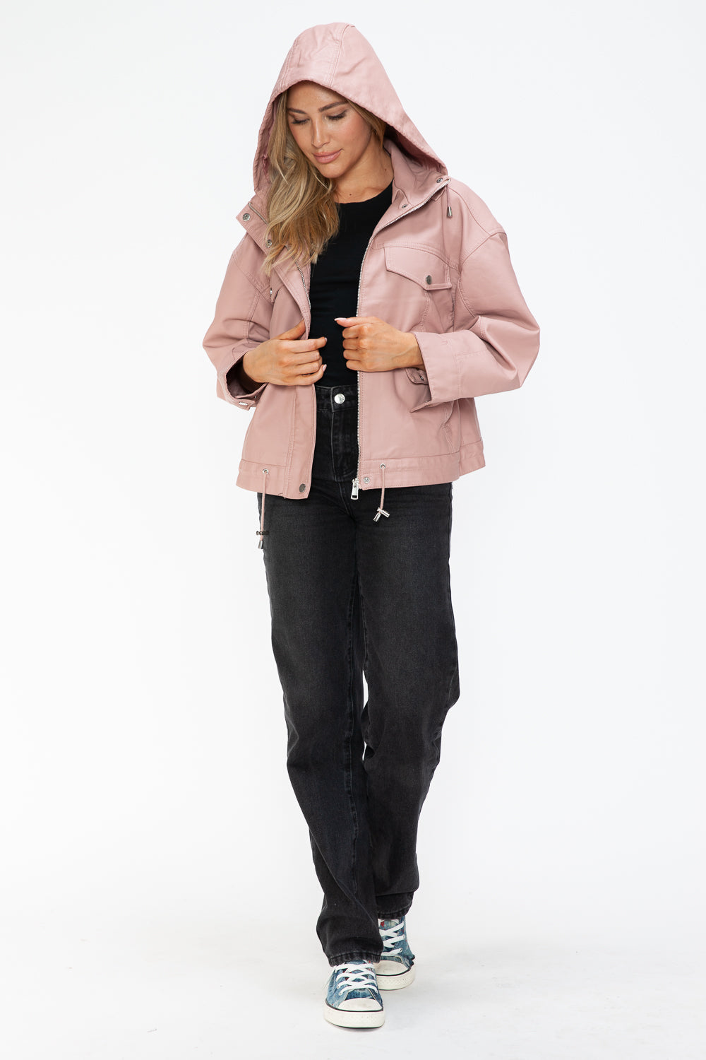 Pink Urban Luxe Statement Jacket, hooded walking pose