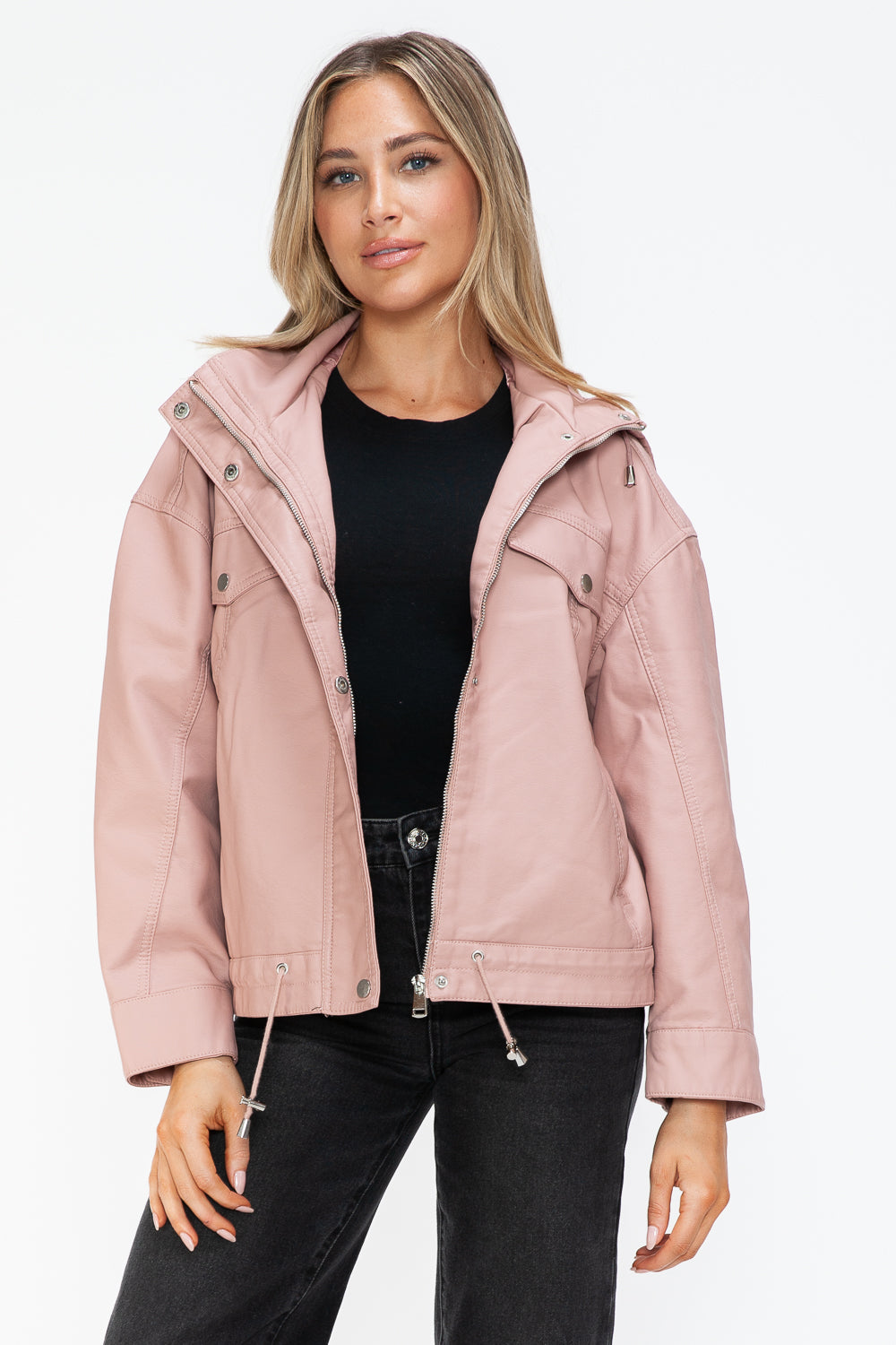 Pink Urban Luxe Statement Jacket, open with black top