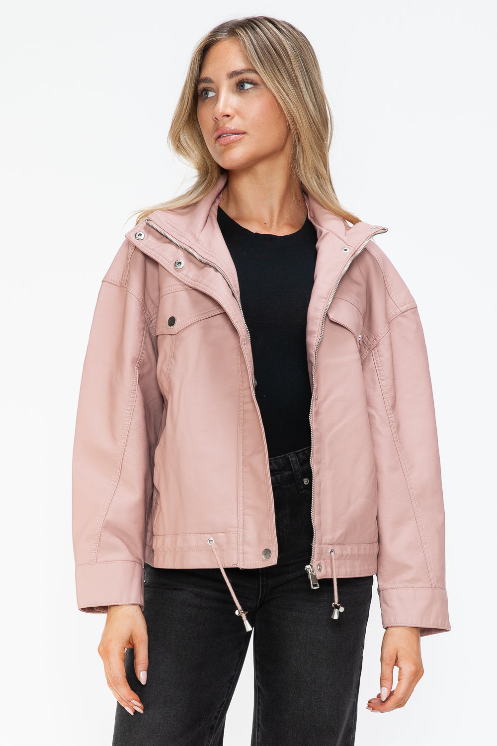 Pink Urban Luxe Statement Jacket, front view with drawstrings