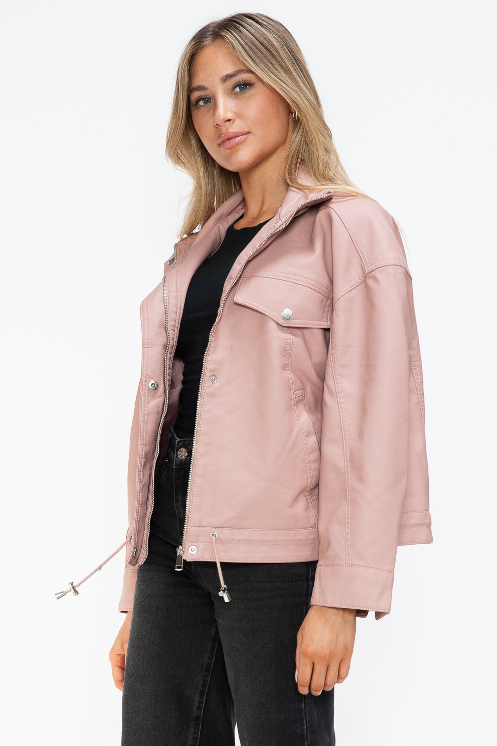 Pink Urban Luxe Statement Jacket, side view with zipper