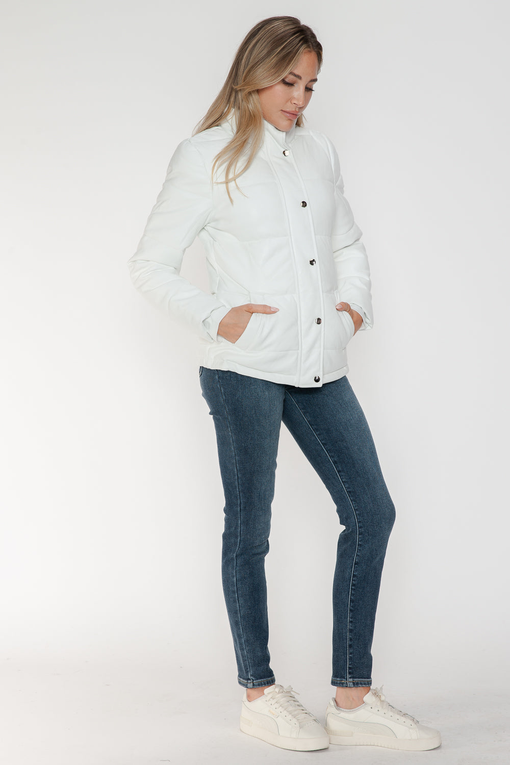 White Velours Éclat Jacket with hands in pockets, full body view