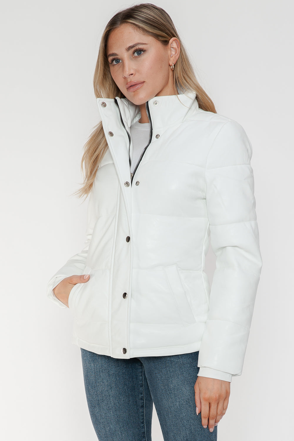 White Velours Éclat Jacket with funnel neck, side view