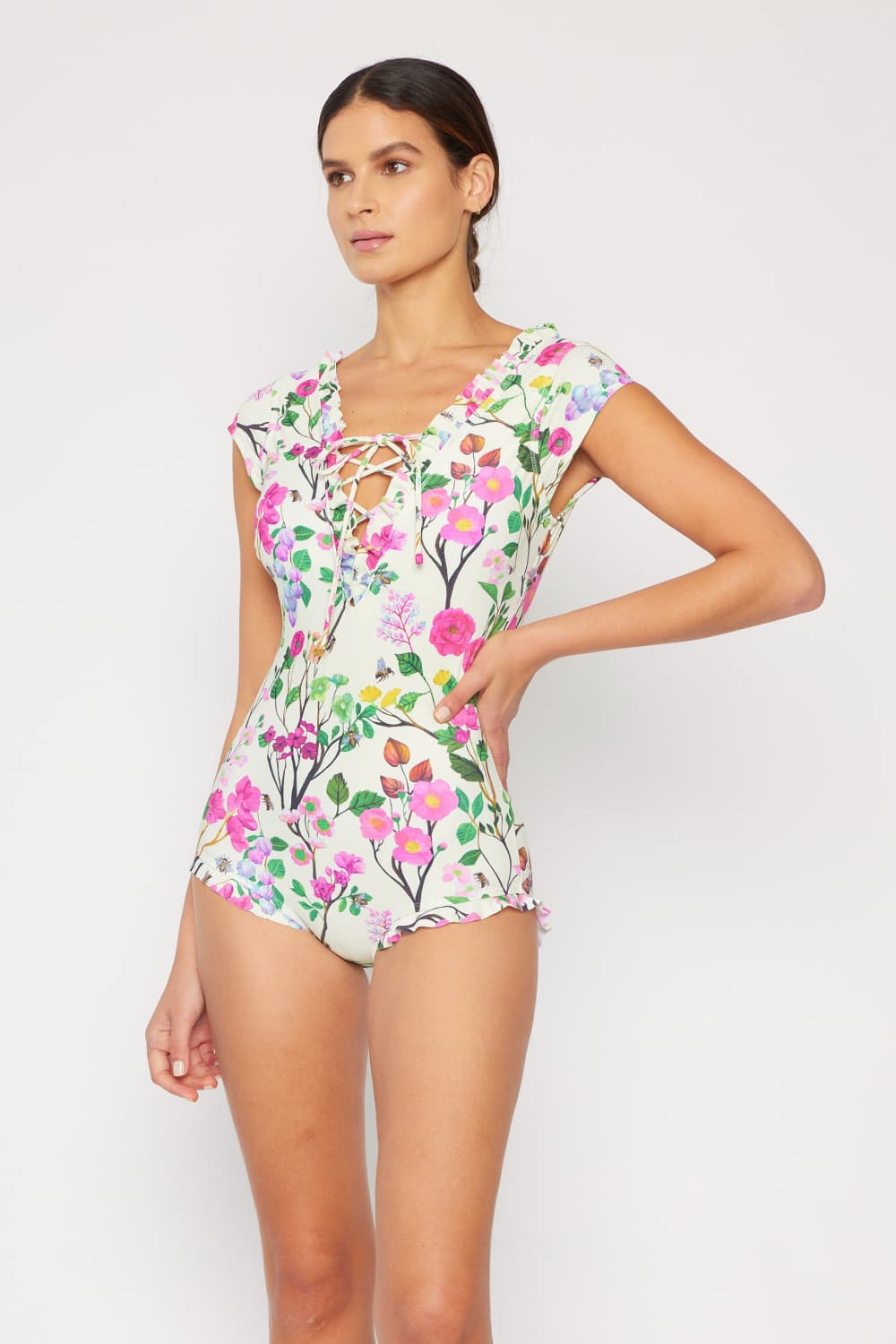 Marina West Swim Bring Me Flowers V-Neck One Piece Swimsuit Cherry Blossom Cream | - CHANELIA