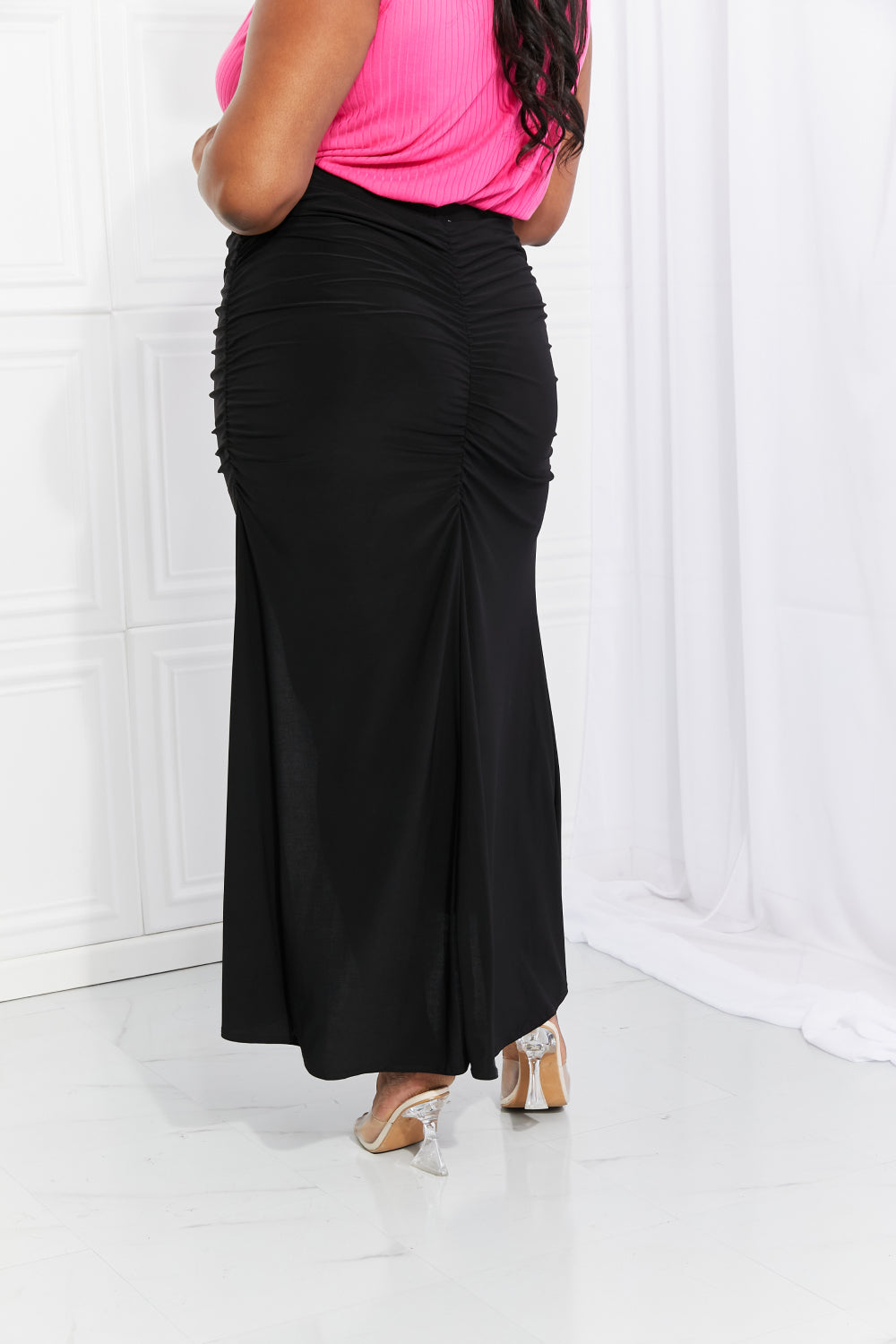 White Birch Full Size Up and Up Ruched Slit Maxi Skirt in Black | - CHANELIA