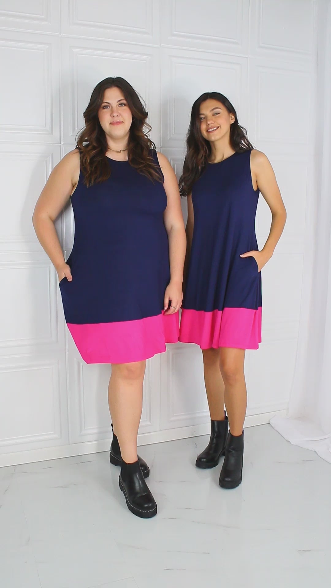Two models wearing two-tone sleeveless mini dresses with pockets.