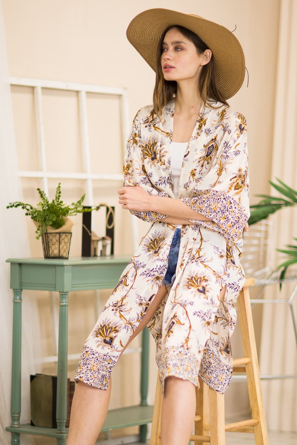 Justin Taylor Floral Open Front Slit Duster Cardigan | - CHANELIA